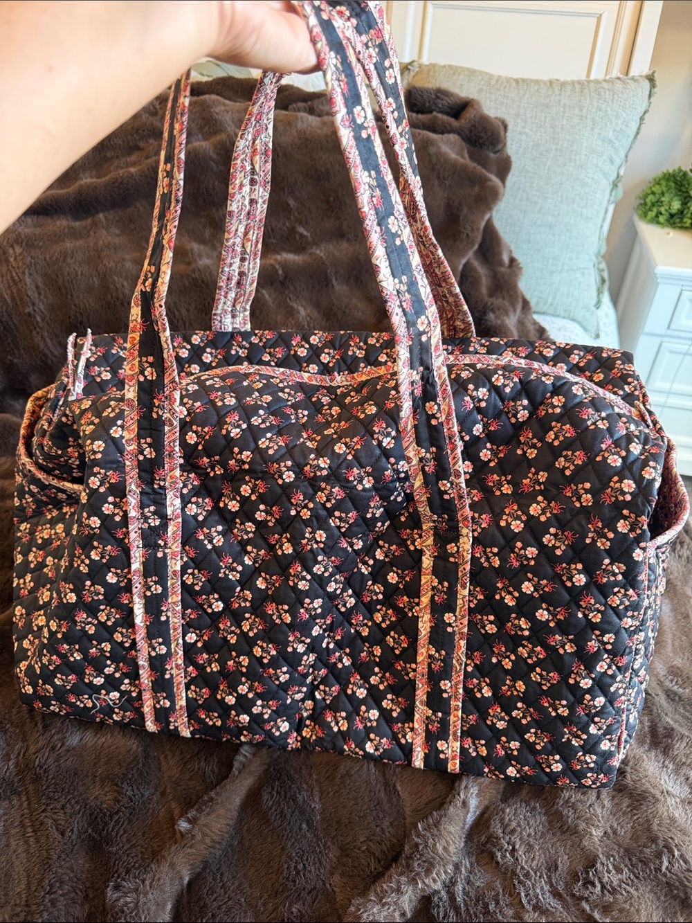 Vera Bradley Black Quilted Floral Travel Tote with Pink Accents